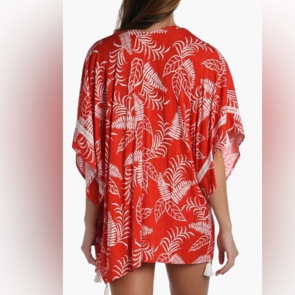 La Blanca - Tropical Tapestry Tassel Trim Cardigan Kimono Coverup - Red - NWOT - Picture 2 of 5